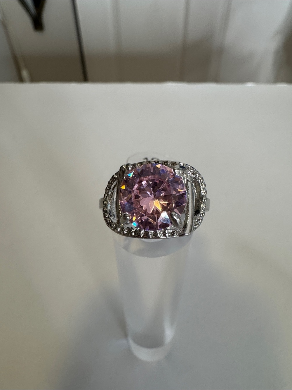 Silver-Tone Ring with Pink CZ Center Crystal